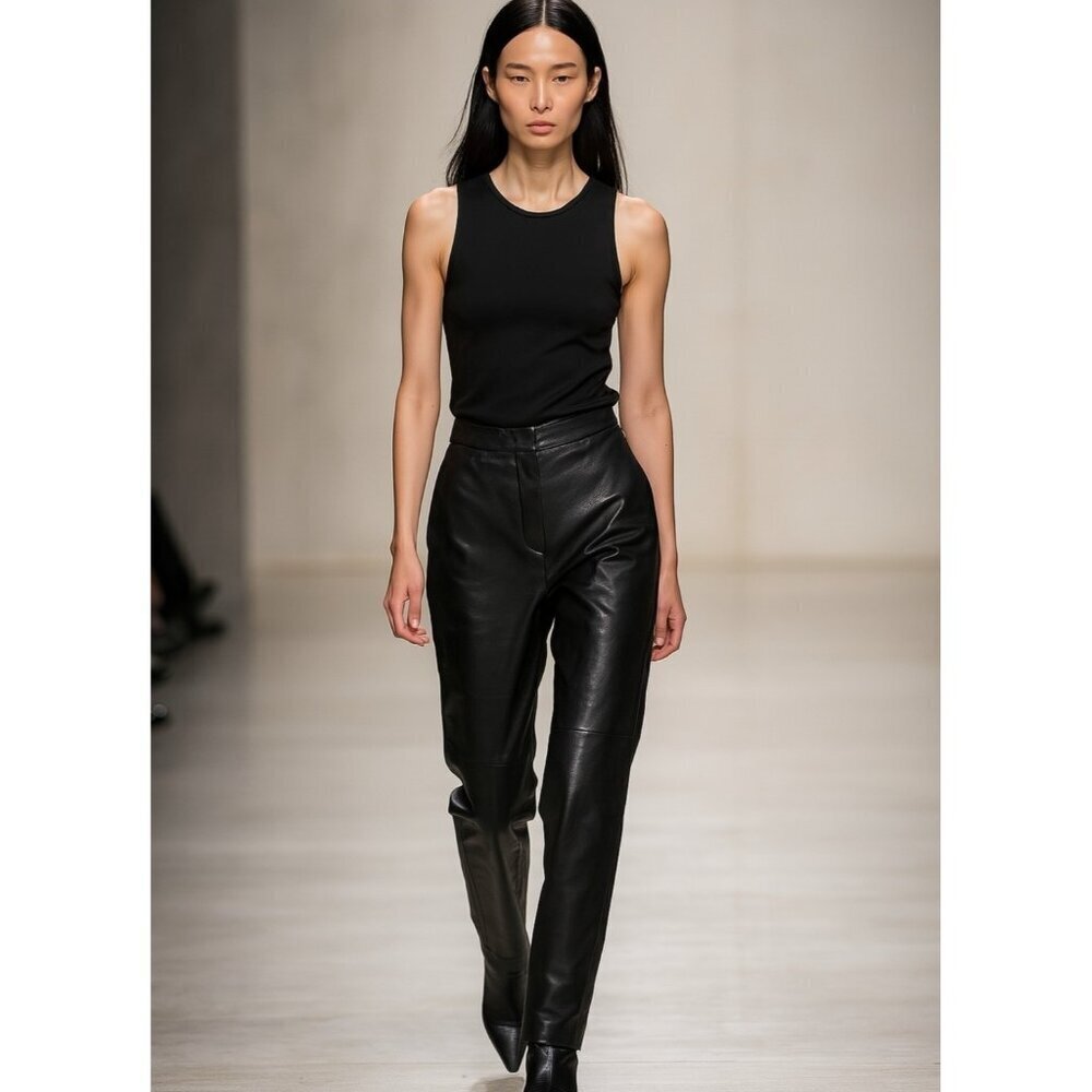 Adrienne Vittadini Pants Womens Shimmery Black Leather High Rise Straight